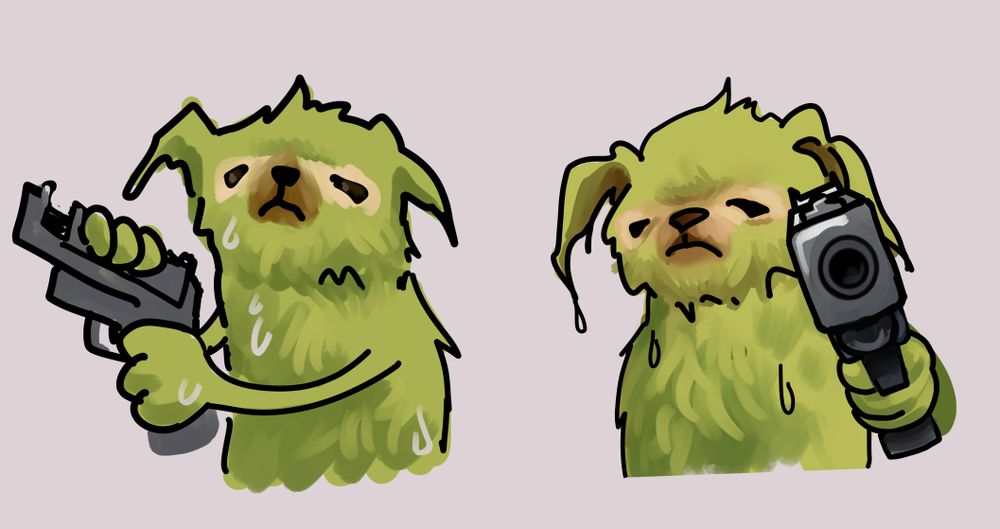 digital drawing of a meme. a small dog that got dyed green from running in freshly cut grass cocks a gun and levels it at the viewer. the gunch is displeased or disassociating. poor gunch, what did you do to make him do this?