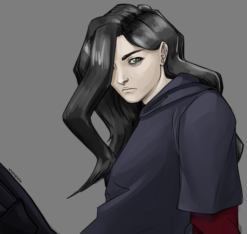 Digital colored sketch of aurasphere. They’re pale, with long zigzagging dark hair, they have a neutral expression while leveling the viewer with their gaze
