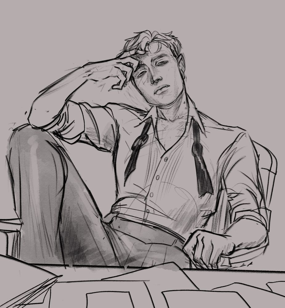 Digital sketch of my oc, Charlie. He’s sitting in a chair in front of a desk overwhelmed with paperwork, he had a hand to his forehead as he looks at the papers disinterestedly. He looks to be dressed for a really fancy party, but his bow tie is undone, as well as his top two buttons.