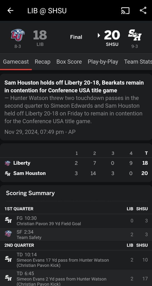 A screenshot of the box score from the Liberty @ Sam Houston NCAA football game on Nov. 29, 2024. Liberty, an old rival of Coastal Carolina, lost the game by a score of 20-18, which elicited schadenfreude from some Coastal fans. 