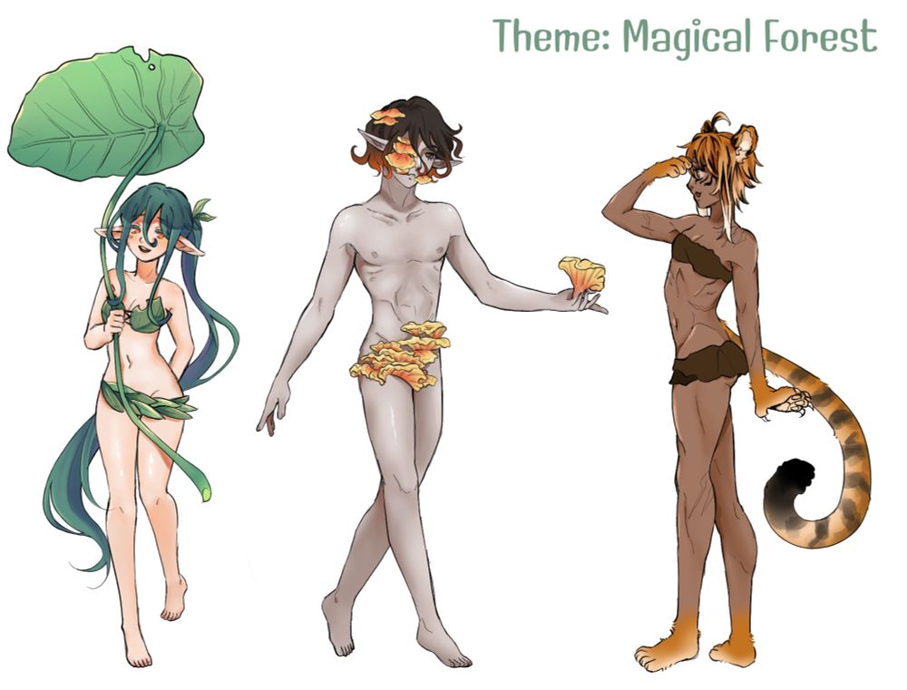 Three characters dressed in minimal clothings to prioritize on anatomy.

Consists of :

The elf : She’s the shortest one. Feminine figure with soft looking skin. She’s holding a huge leaf as a makeshift umbrella.

The mushroom man : I don’t even know what he is. He’s the tallest one. He’s a man with grayish skin covered in vibrant orange mushrooms. He’s fairly muscular.

The tiger hybrid : She’s the second tallest. Looks energetic. She’s black and got tiger ears, hands, feet, and tail. She’s a really muscular girl. Easily the hardest one to draw.