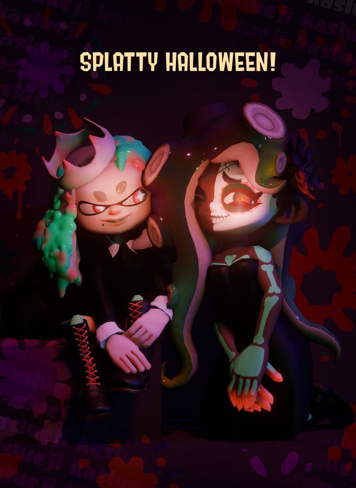 sort-of recreation of the 2017 "splatty halloween" art (splatoon 2) pearl on the left, marina on the right!