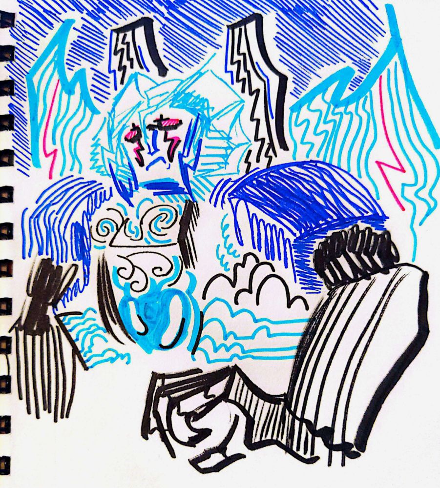 A scanned drawing of Thundercracker looking disgruntled.