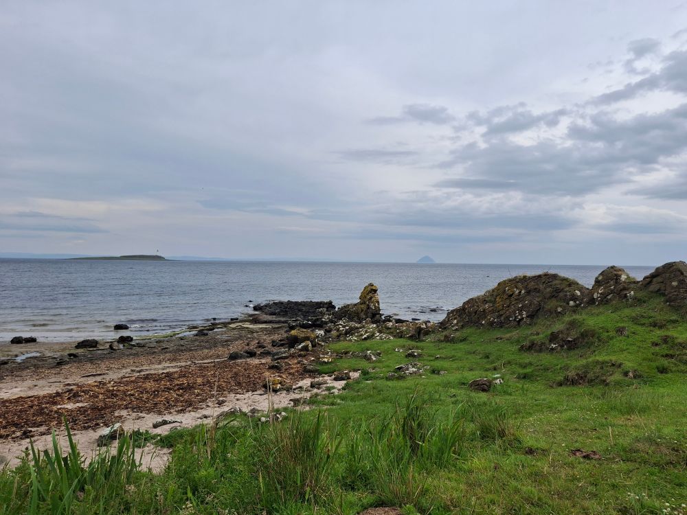 A view of a wild coastline with a seaweed strewn sandy beach, green meadow and rocky volcanic intrusions. On the horizon the flat topped Isle of Pladda and the conical Ailsa Craig