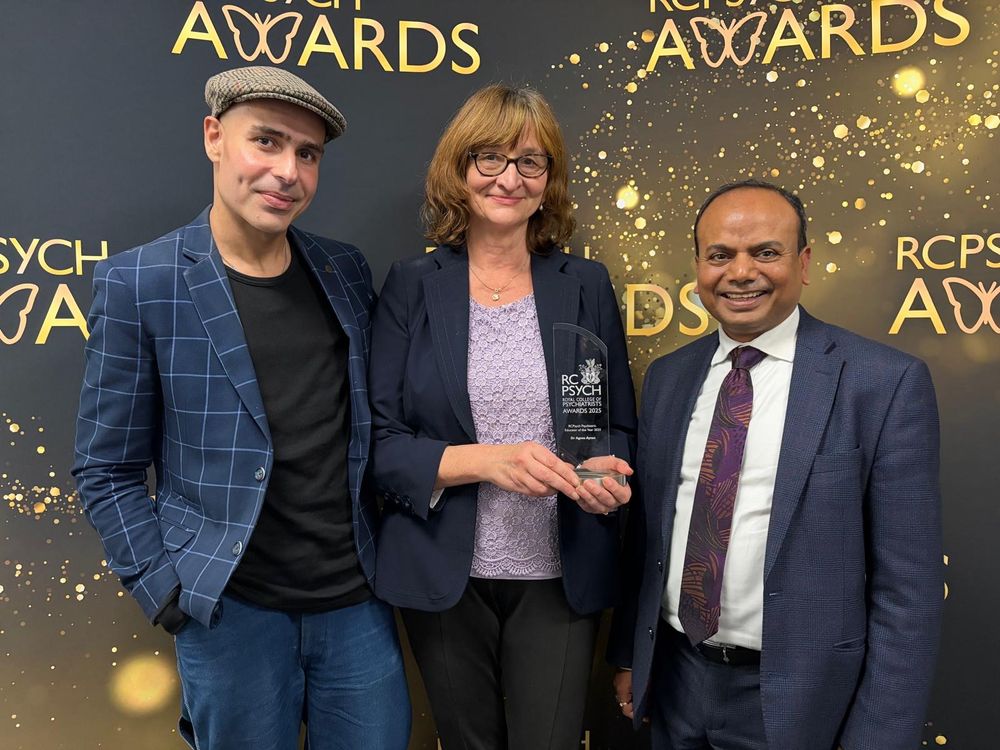 Agnes at the awards ceremony, flanked by Dr Ali Ibrahim (left), with whom she has published a number of important papers that contributed to the work leading to this award; and (right) Dr Ashish Kumar, with whom she has shared the leadership of the Eating Disorders Faculty of RCPsych for about ten years.