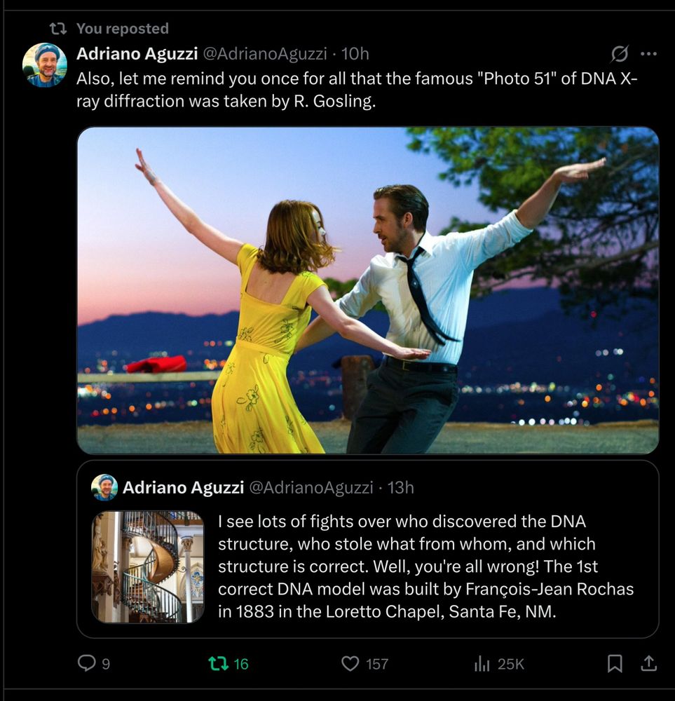Ryan Gosling and Emma Stone dancing in ‘La La Land’ (D. Chazelle, 2016), their arms describing an X shape that might be compared with the image in photo 51.
