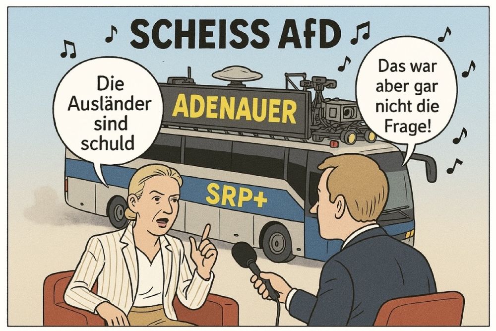 Weidel im Sommerinterview. Im Hintergrund der Demobus vom ZPS.
