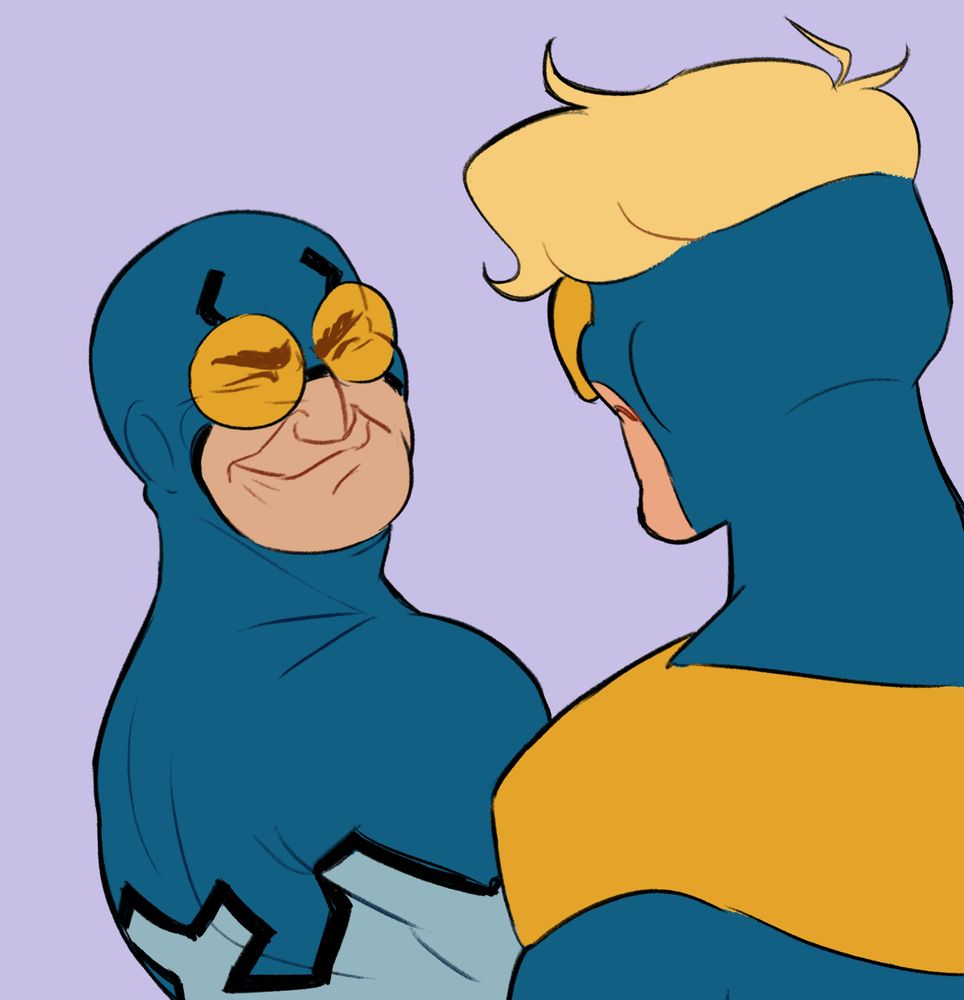 booster gold and ted kord blue beetle smiling so sweetly at eachother. based on that one panel. it has a lavendar background