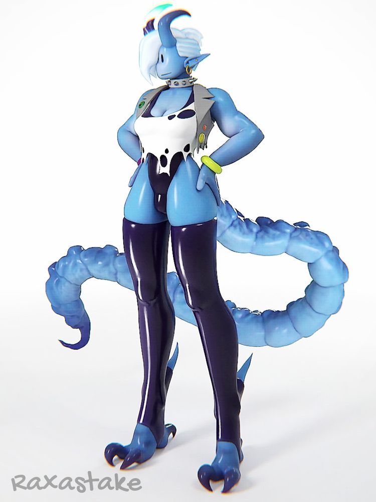 A leggy blue tiefling stands with her hands on her hips looking off camera. She's got beefy shoulder and arm muscles, thick thighs, a chonky long tail with a scorpion like stinger at the end and massive curved claws on her feet. She wears a PVC bodysuit along with PVC thigh high leggings. Over the bodysuit is a torn white shirt and cropped gray jacket with an assortment of buttons and pins. She has a side shave that's been growing out a little while and a shock of white hair over one eye. One of her horns has been snapped off halfway and only a ghostly green outline of the original horn remains.