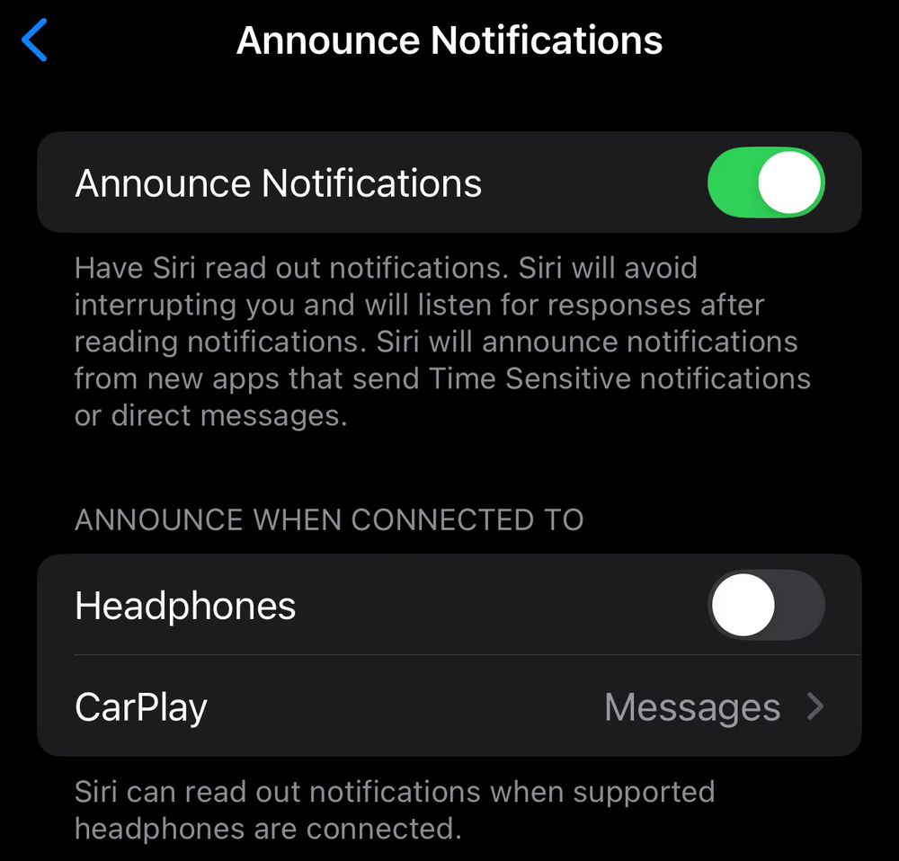 Siri settings for announcements