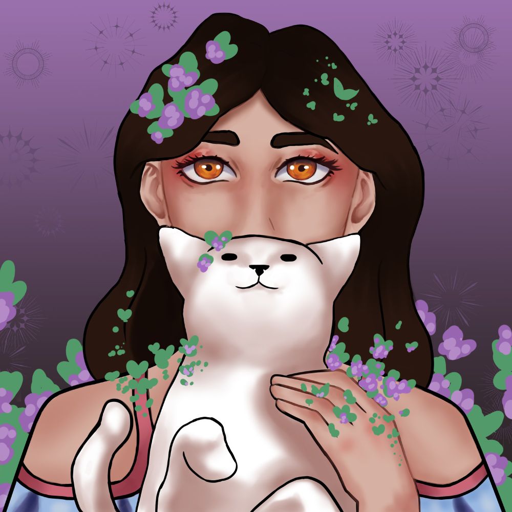personagem feminino com olhos laranjas, rodeada de flores com um gato branco a sua frente