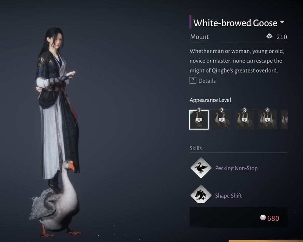 A female martial artist elegantly standing on top of a goose.
The mount info shows that it has the skills 'pecking non-stop' and 'shape shift'