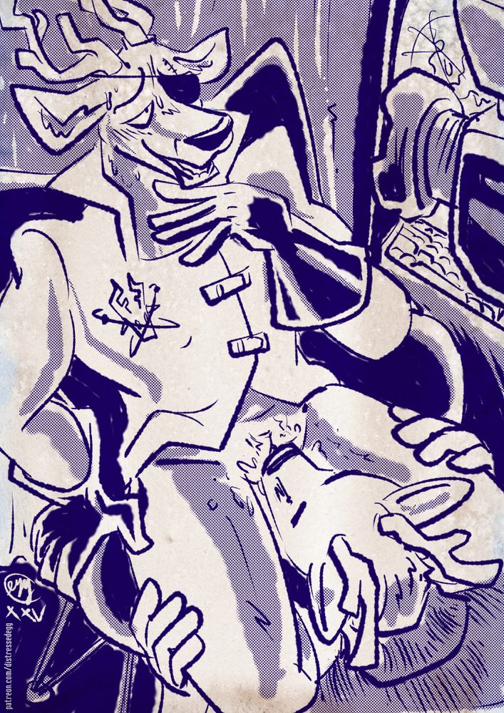 a supervillain deer is indulgently monologuing to a camera while his top hench eats his pussy out. it's hot! 