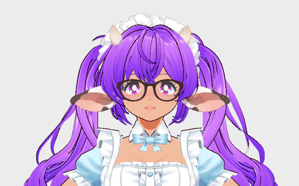 A picture of my V-tubing persona's human form. She has a white ruffled maid headband, white short horns, Holstein cow ears, long purple twin tails, purple fringe, a baby blue maid uniform with white lace, a white apron, a collar with a baby blue bow tie, and black glasses. She has a 90's anime aesthetic to her. She has tan skin, pink irises. and peach colored lips.