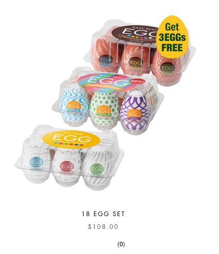 A photo of several cartons filled with silicone eggs made by the Tenga corporation. Tenga is an adult toy company that specializes in manufacturing artificial orifices. Each egg packaged in this photo is a masturbatory aid designed specifically for penile pleasure.