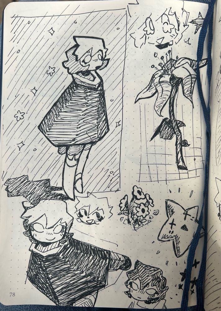 Pen sketches of my oc! Vile. And some flowers and stars 