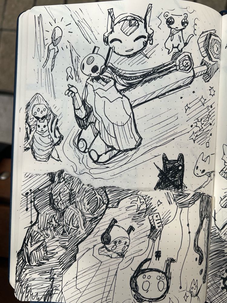 Pen sketches of the rain world videogame characters: Looks To The Moon, Five Pebbles, and several slugcats. 