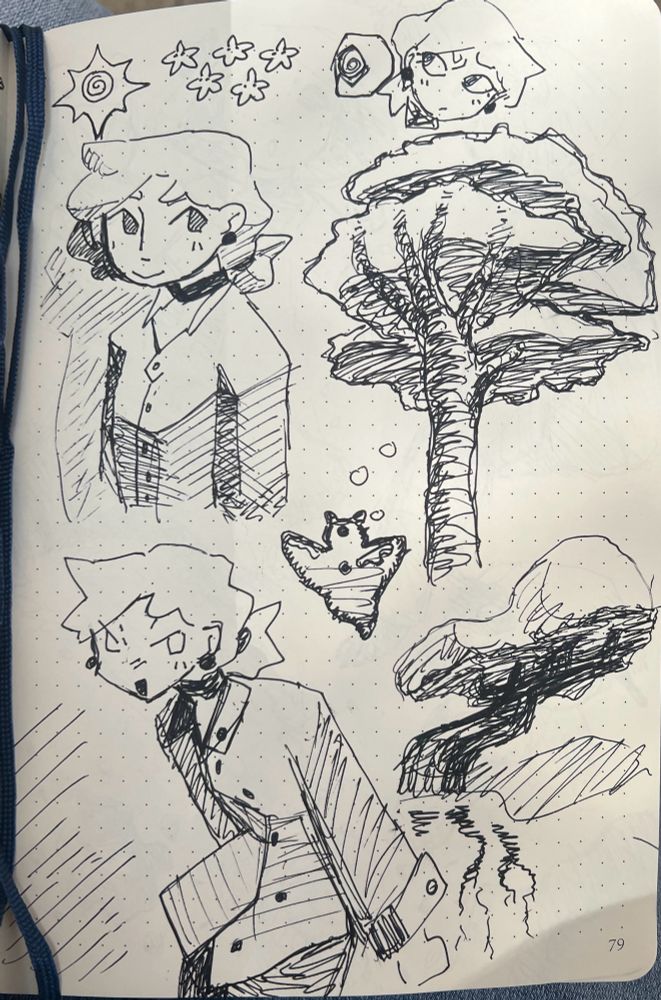 Pen sketches of my oc! Clementine. Along with some trees and sea angels. 