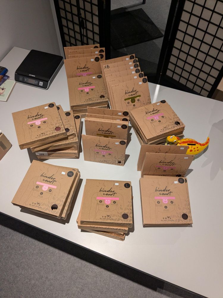 Many brown packages containing new binders in different sizes on a white table. In the middle of them is a ceramic yellow dinosaur wearing a crocheted non-binary scarf.
