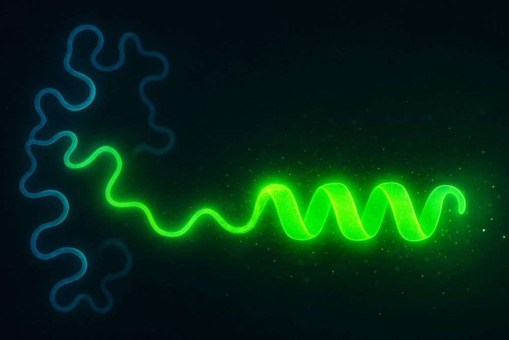 A protein alpha helix glowing in green over a black background