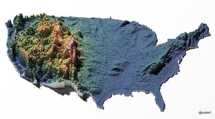 Diagram of the United States, showing the range of altitudes. The Midwest and South are very flat. There's a long streak of mountains in the north west but the whole western half is extremely high and jagged in comparison