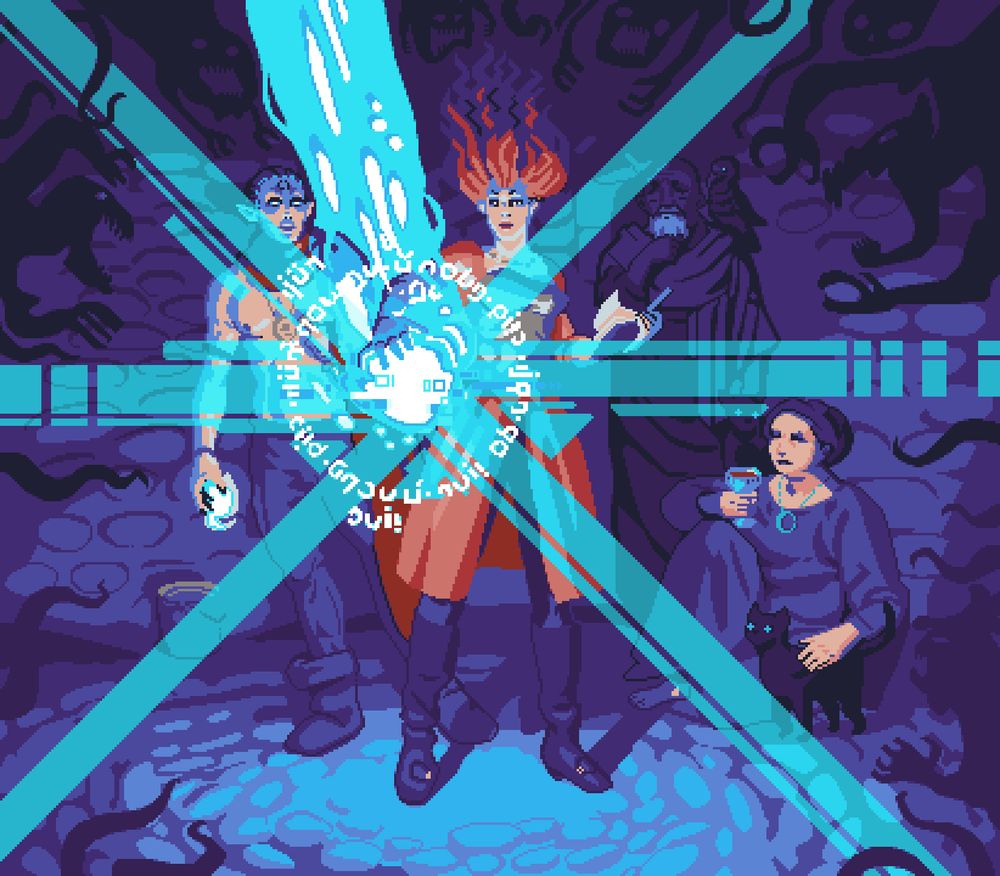 Magicians. One of them is holding a giant glowy spell effect. Another is holding a smaller glowy spell effect. The third is petting a cat. There's someone in the background with a raven too.