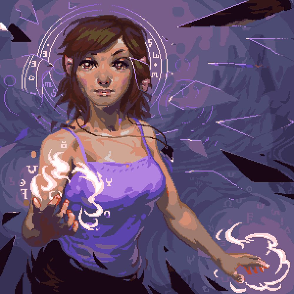 A woman with elf ears. Her hands have flames coming off them and the scene around her is breaking up into shards of glass.