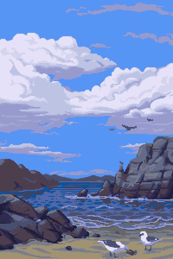 Looking out to sea. In the foreground two seagulls are playing with a crab.
