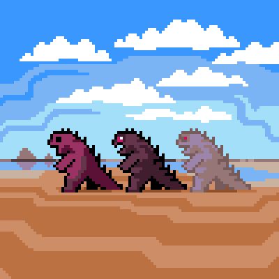 Three godzilla-style dinosaurs on a beach, to show scale.