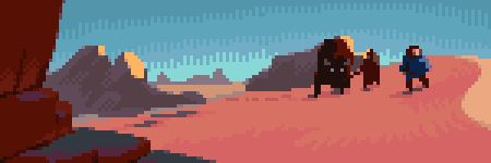 A red desert landscape. Two traders and their ox are making their way across a sand dune.