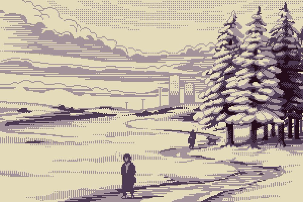People walking along a path in a park through the snow.