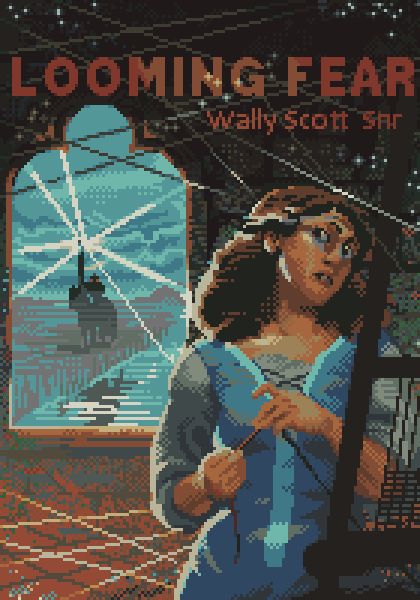 A book cover for 'Looming Fear' by Wally Scott Snr featuring the lady of Shalott, looking a little creeped out. For the prompt 'medieval psychological horror'. 