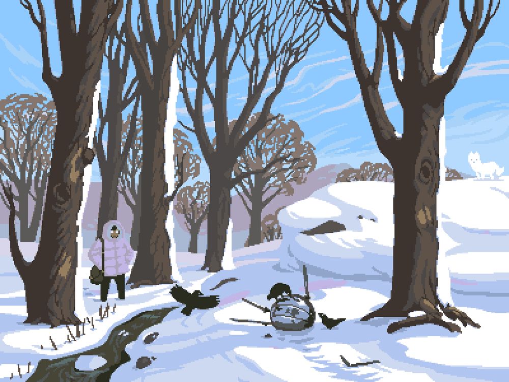 A winter's day. A man is looking on as crows pick at a crashed satellite in the foreground snow.