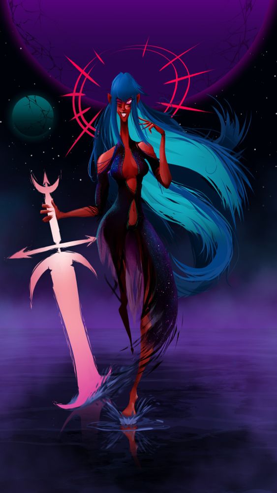 Bright red skinned woman with elongated proportions walking over misty water. She has three pairs of eyes but only one is open. Shows a mischievous smile full of sharp teeth. She wears a dark yet glittery and revealing dress. She is carrying a huge sword, has long, flowing and brightly colored blue hair. A magenta halo hangs behind her head and two planets occupy most of the night sky behind her.