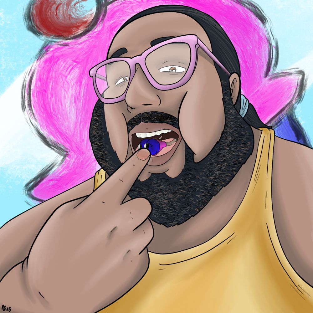 A fat Latino man with a beard wearing a yellow tank top and pink glasses. He is pushing a small chubby man into his mouth.