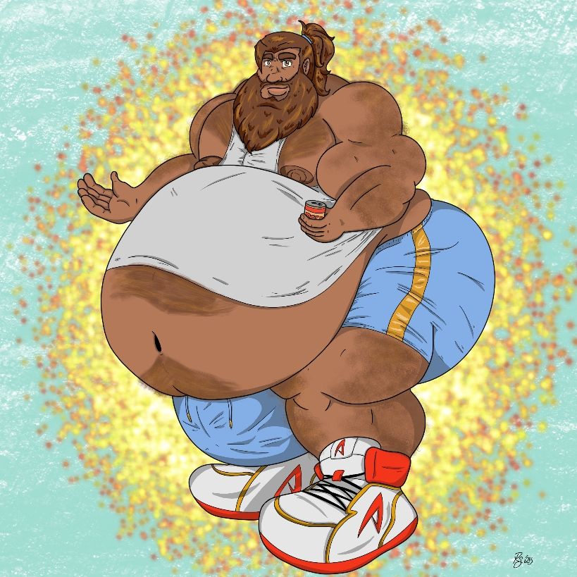 An incredibly muscular and fat hairy man with a thick beard and long hair tied up in a ponytail. He is wearing a gray tank top that does not cover his belly and a snug pair of light blue shorts. He is also wearing red, gold, and white sneakers.