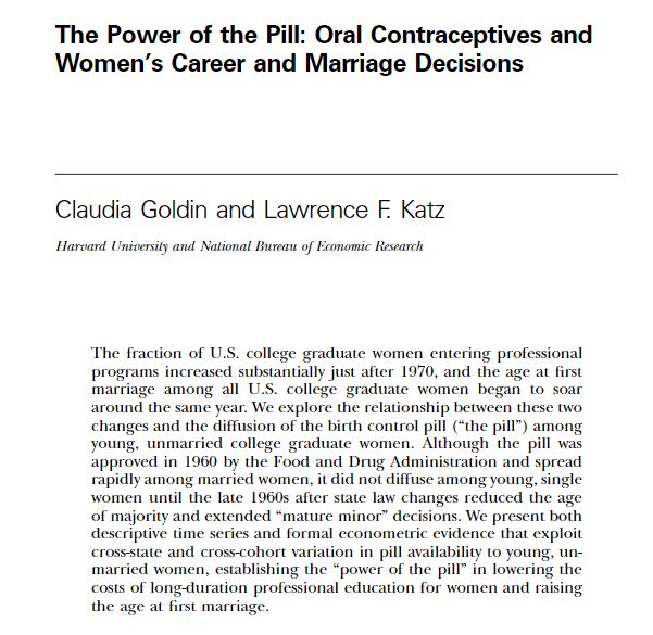 Abstract for the journal article "The power of the pill: Oral Contraceptives and Women's Career and Marriage Decisions. "