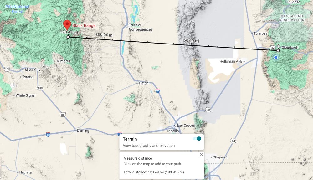 This map shows the approximate line of sight of the photograph, starting near Cloudcroft in the east and looking almost due west.