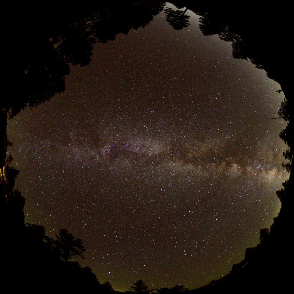 All-sky view of the night sky on a moonless night. The Milky Way is a curdled, textured broad band running from left to right.