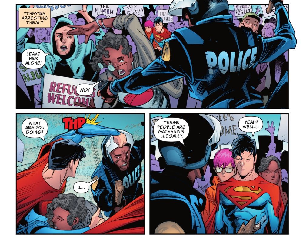 Superman (Jon Kent) protests the illegal deportation of refugees in Son of Kal-El #3. 