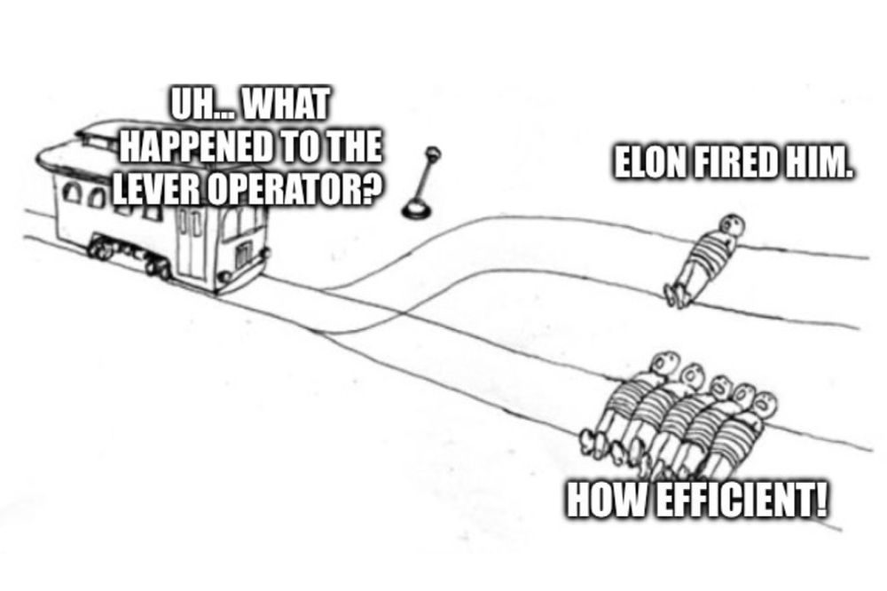 An image using the trolley problem to demonstrate that Elon Musk doesn’t consider an ethical problem. 