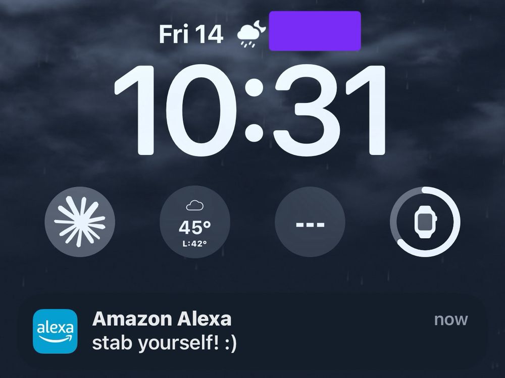 A screenshot of an iPhone’s Lock Screen featuring a push notification received now from Amazon Alexa that says “stab yourself! {smile face}”. 

The other information on the screen shows it is Friday the 14th (of March) at 10:31 pm, and has charging and weather widgets visible. 