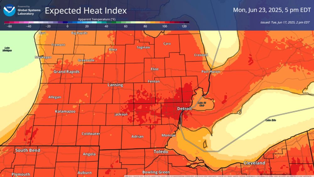 The heat index for most of the state of Michigan will be higher than 95 degrees on Sunday and Monday according to this forecast with much of the areas south of the Saginaw Bay region close to or above 100 degrees.