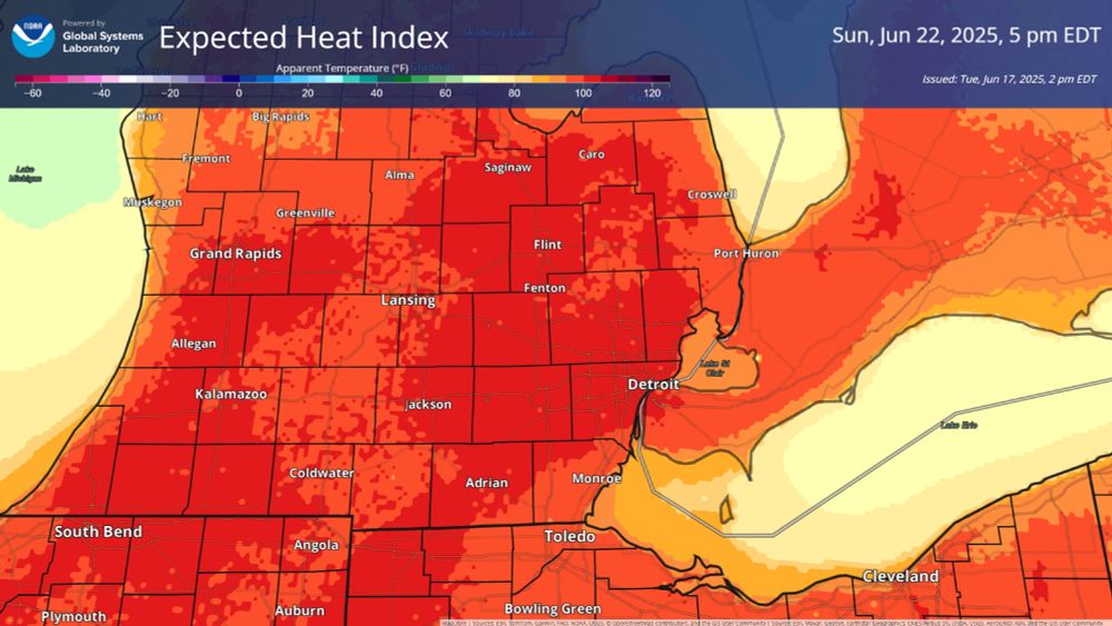 The heat index for most of the state of Michigan will be higher than 95 degrees on Sunday and Monday according to this forecast with much of the areas south of the Saginaw Bay region close to or above 100 degrees.