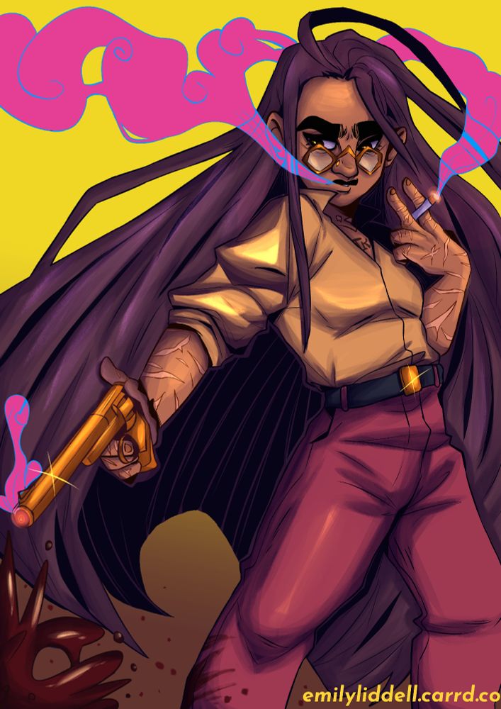 A woman points a golden revolver at someone or something off screen, there's a splash of blood coming from that direction, pink smoke comes off the gun, cigarette on her hand, and her mouth. She has an irritated expression on her face, her hair is really long and takes up most of the composition. She wears golden glasses and social clothes, her arms and hands are covered in scars.