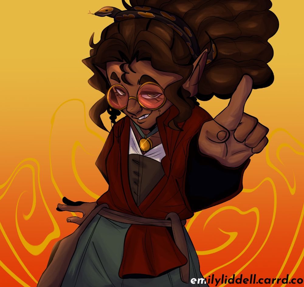 an elf points at the viewer and looks slightly upwards, she has a snake holding a hairbun together
