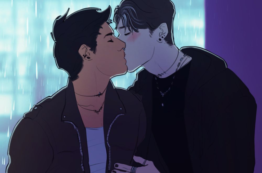 illustration of two men kissing: darian (on the left) and alec (on the right).
