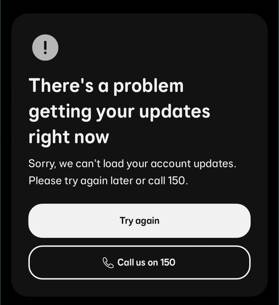 Screenshot of EE app saying “there’s a problem getting your updates right now”