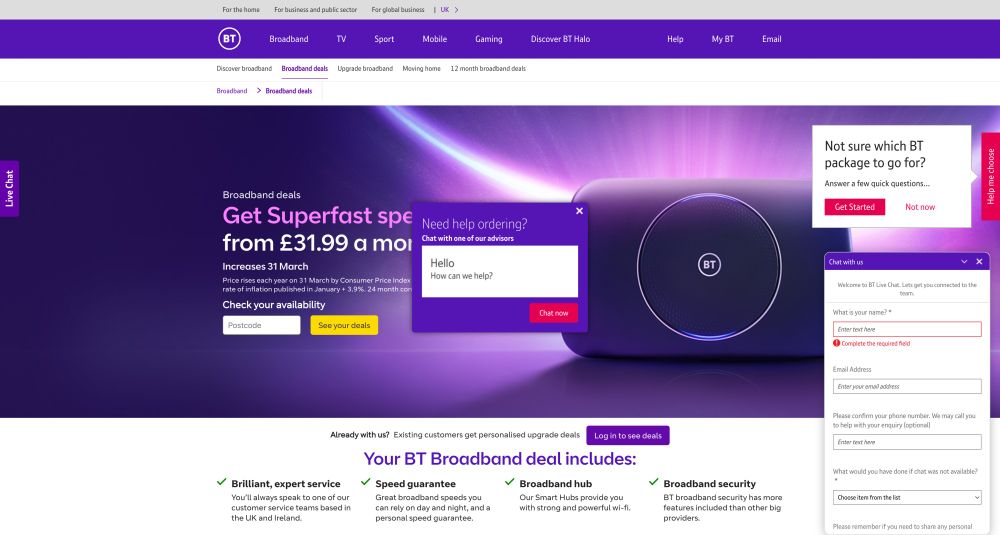 A screenshot of the BT homepage showing popups