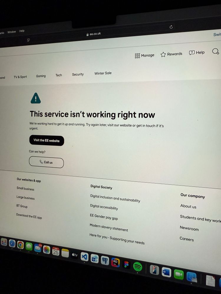 EE website showing a message saying the service isn’t working right now. 